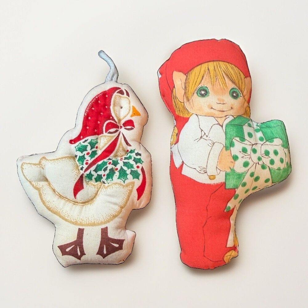 Vintage Christmas Stuffed Ornaments Cut and Sew Cloth Fabric Lot 2 pcs Goose Elf